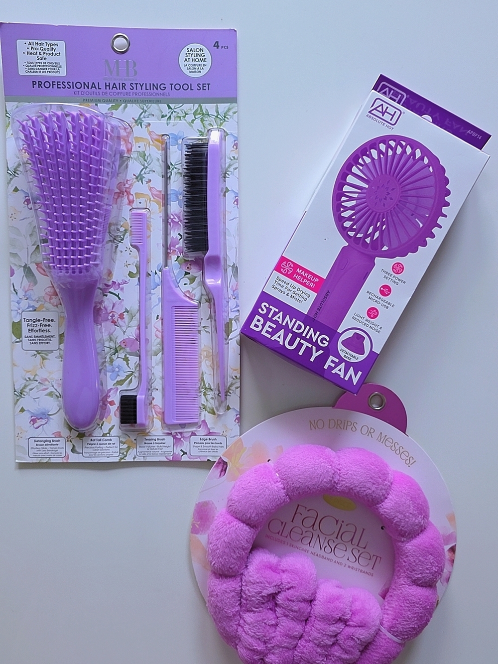 Purple Hair Styling Tool Set + Standing Beauty Fan + Facial Cleanser Headband
